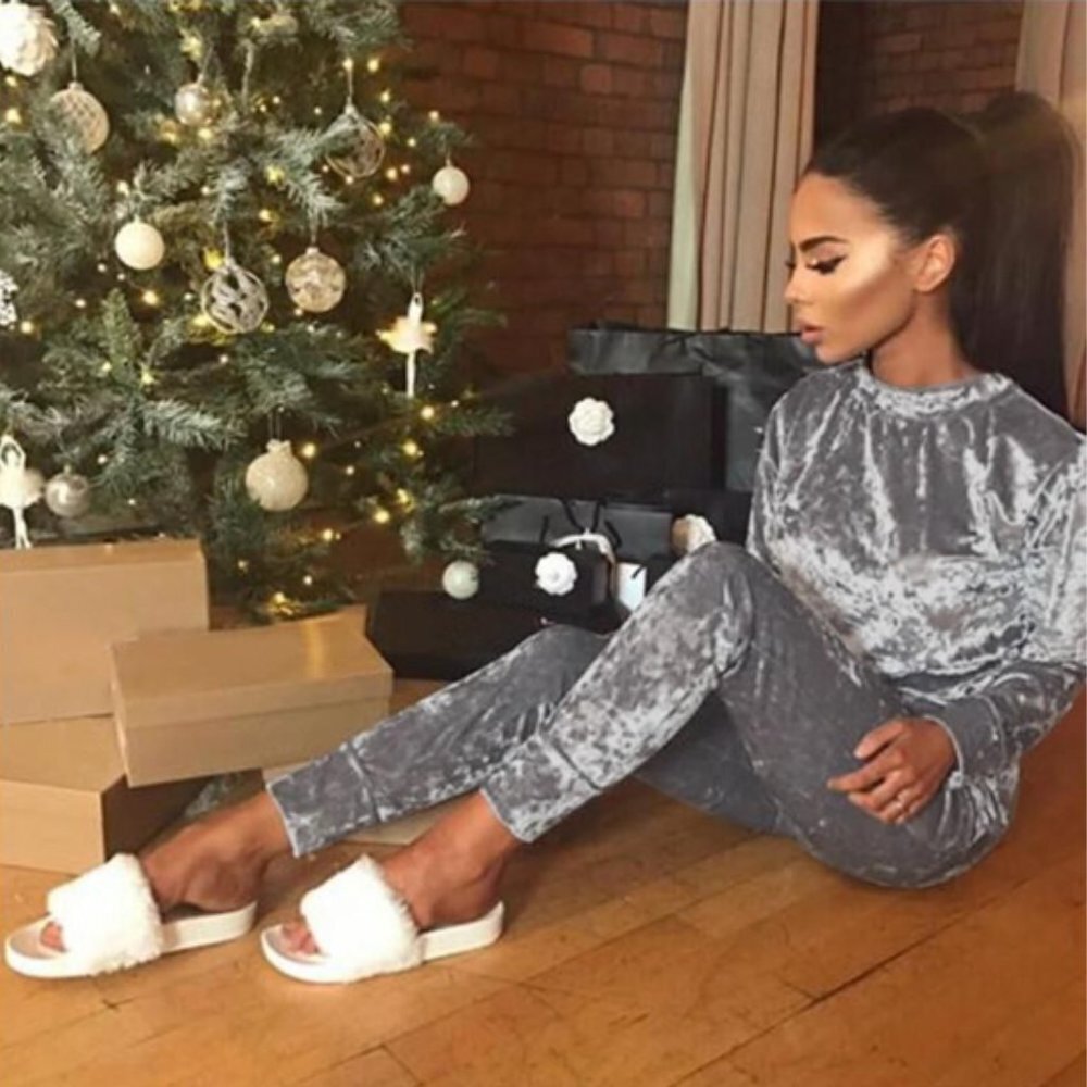 SHEIN Womens Light Grey Crushed Velvet 2 Piece Tracksuit‎ Slim Jogger Set Large